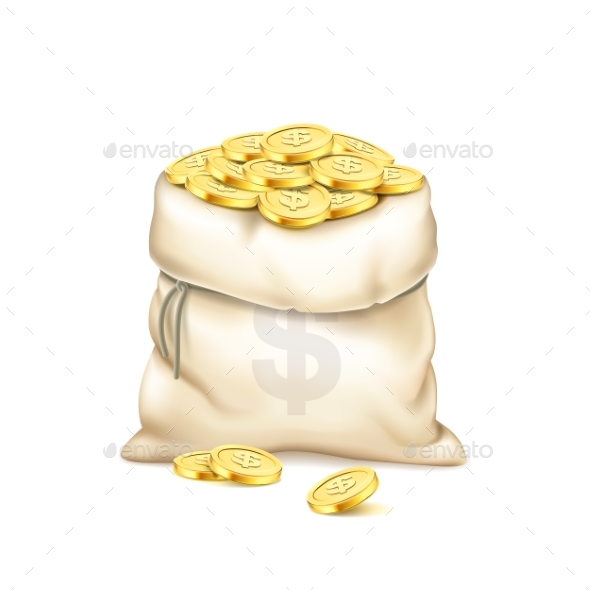 Realistic Old Bag with Heap of Gold Coins - Concepts Business