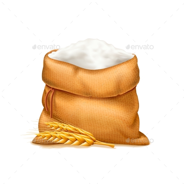 Vector Realistic Bag of Flour with Wheat Ears - Food Objects