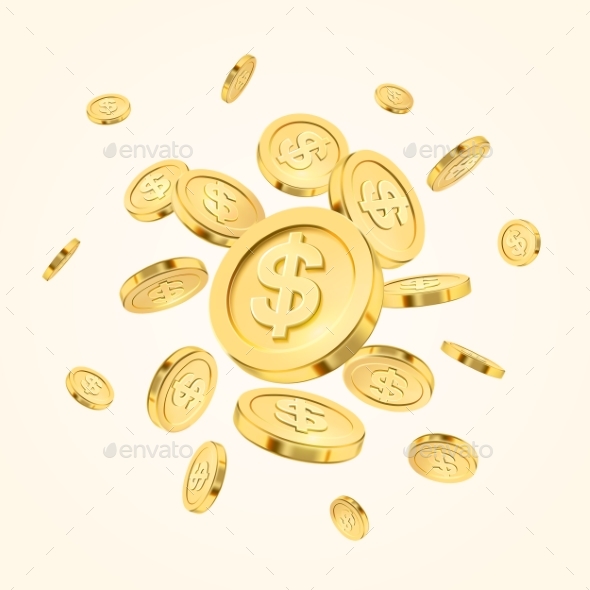 Realistic Gold Coin Explosion or Splash on White - Backgrounds Decorative
