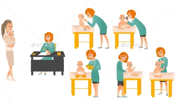 Cartoon Pediatrician Doctors and Baby Set - People Characters