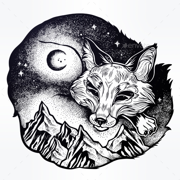 Double Exposure Fox, Forest Mountains Landscape - Animals Characters