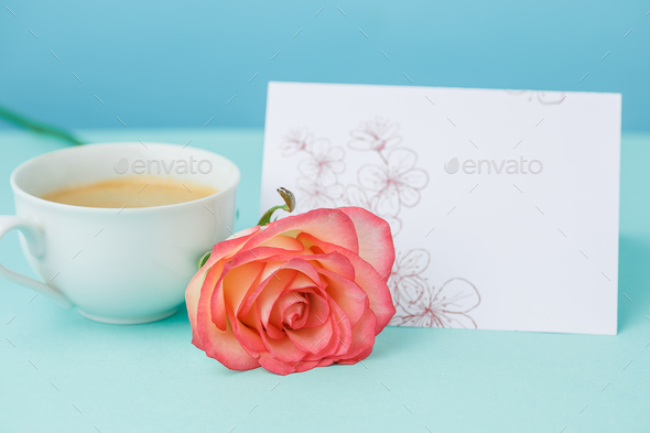 Love background with pink roses, flowers, gift on table - Stock Photo - Images
