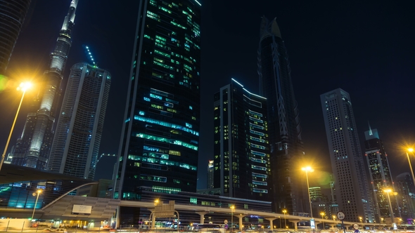 Car Traffic on Sheikh Zayed Road at Night in Downtown, Burj Khalifa Dubai Mall Metro Station alt