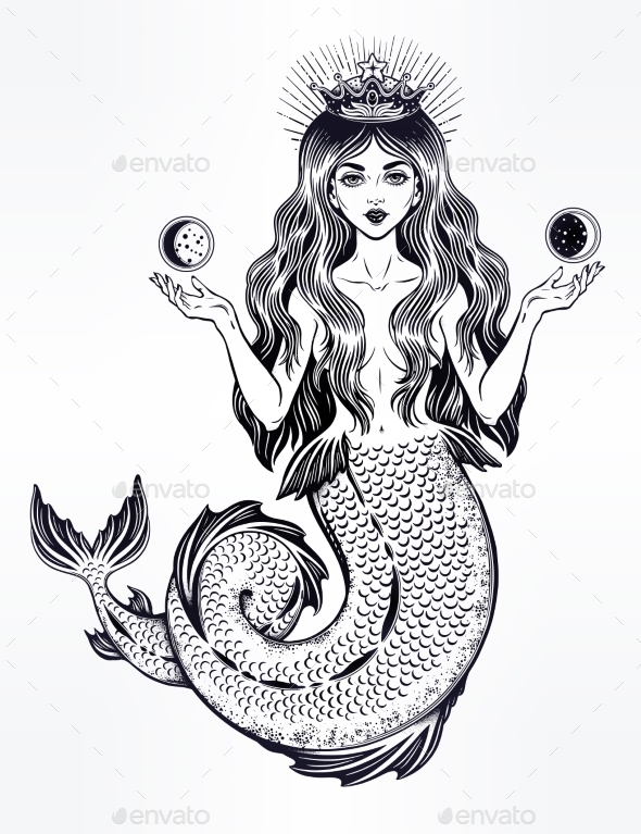 Magic Mermaid Queen with Crown and Moon - Tattoos Vectors
