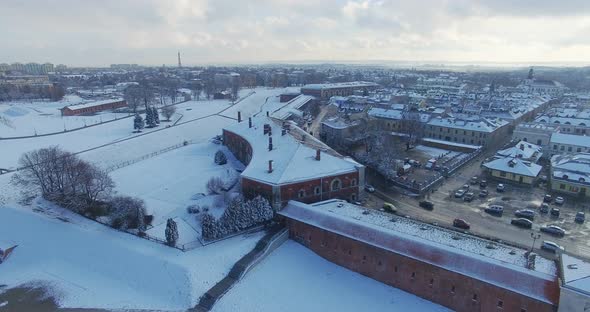 Winter aerial drone view of small town