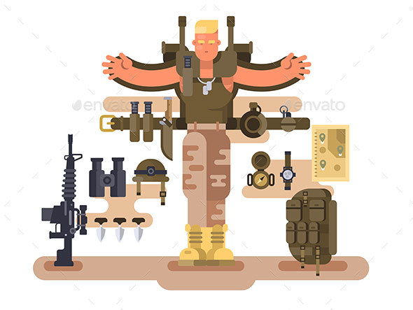 Military Soldier Rookie and Ammunition Design Flat - People Characters