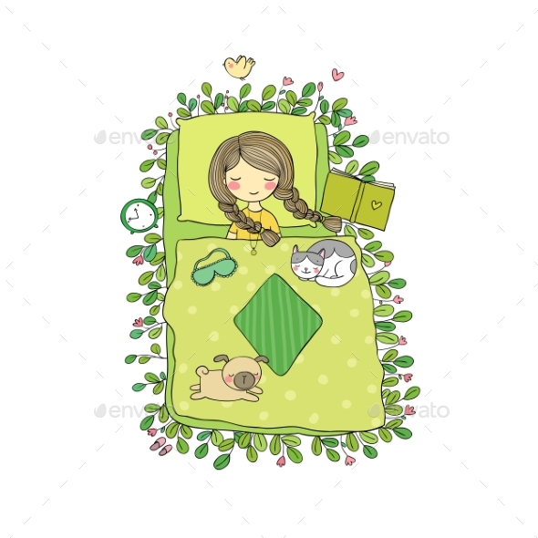 Girl and Animals Sleep in Bed - Miscellaneous Vectors