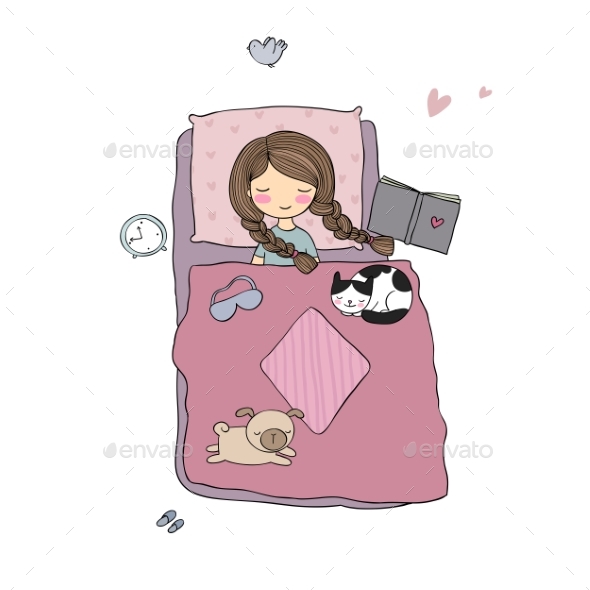 Girl and Animals Sleep in Bed - Miscellaneous Vectors