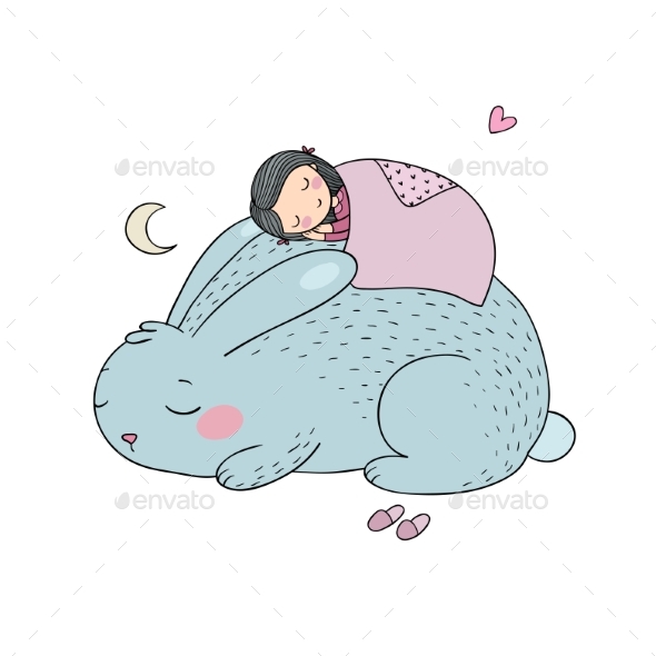 Sleeping Cartoon Girl and Bunny - People Characters