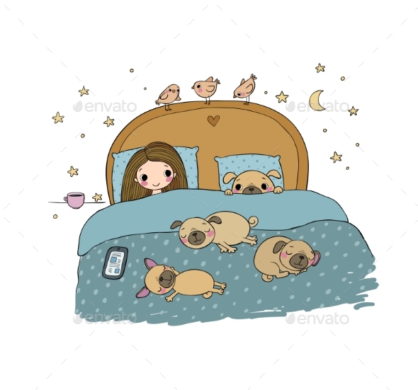 Girl and Pugs Sleeping - People Characters
