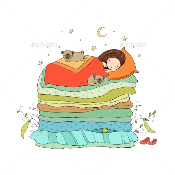 Girl and Pugs Sleeping - People Characters