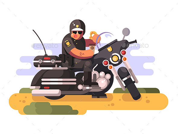 Police Officer with Donut and Coffee on Motorcycle - People Characters