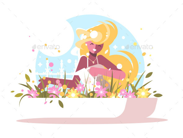 Blonde Watering Home Flowers - People Characters