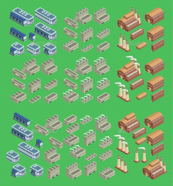 Isometric Factory Vector Icon Set - Buildings Objects