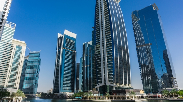 Sunny Day, Residential Buildings in Jumeirah Lake Towers, Dubai, UAE alt