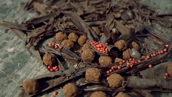Truffles in Dark Chocolate with Red Pepper and Chocolate Chips.
