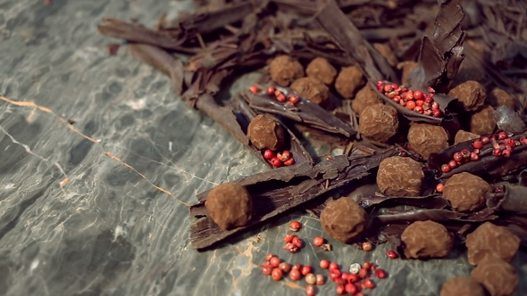 Truffles in Dark Chocolate with Red Pepper and Chocolate Chips.