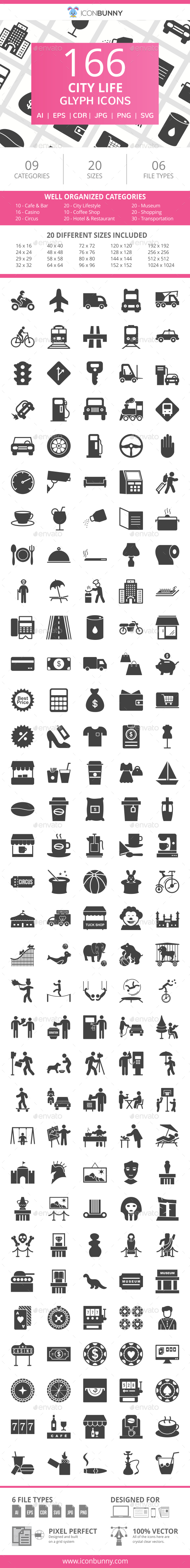 166 City Life Glyph Icons - Icons
