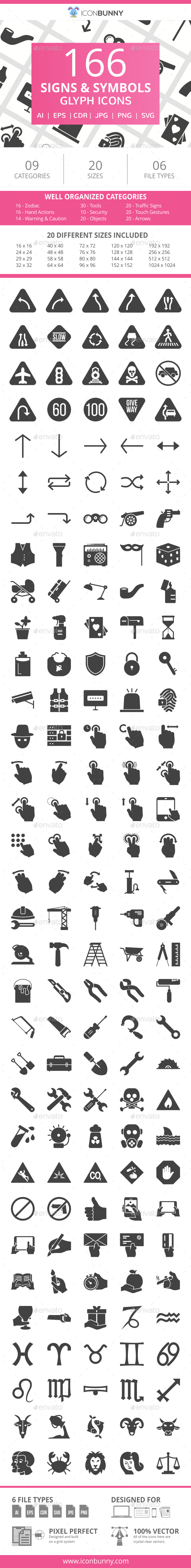 166 Signs & Symbols Glyph Icons - Icons
