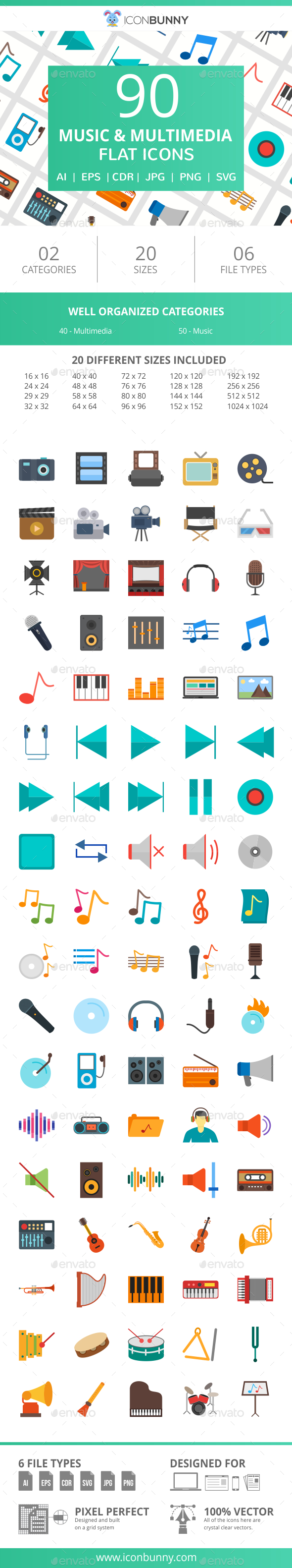90 Music & Multimedia Flat Icons - Icons
