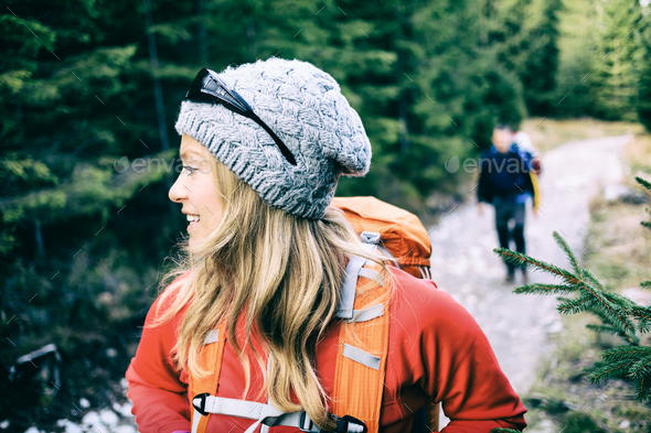 Couple hikers camping and hiking in forest - Stock Photo - Images