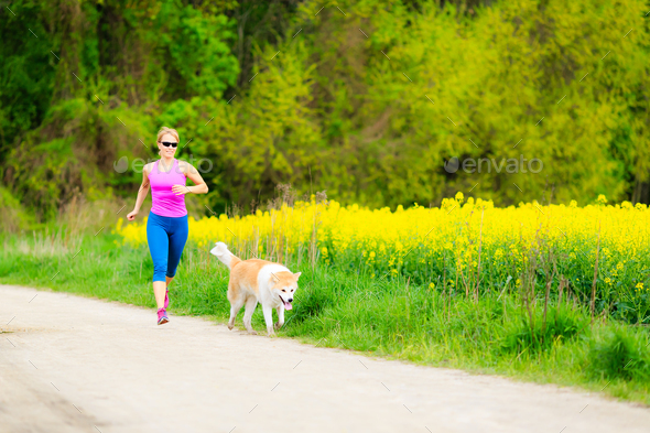 Woman running in summer park with dog - Stock Photo - Images