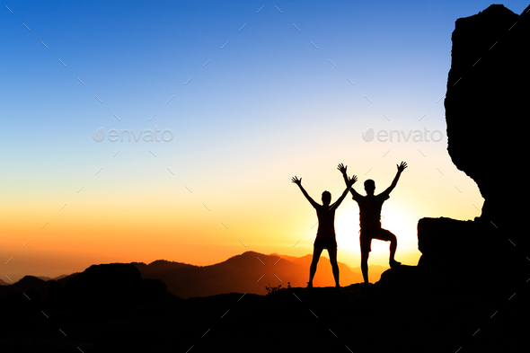 Couple hikers success concept in mountains - Stock Photo - Images