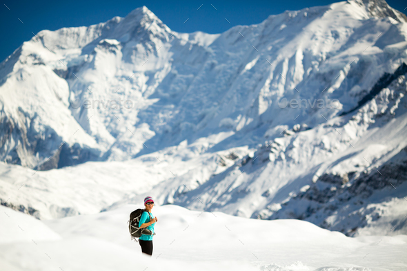 Hiking happy woman in Himalaya Mountain - Stock Photo - Images