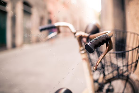 City bicycle handlebar, bike over blurred beautiful bokeh backgr - Stock Photo - Images