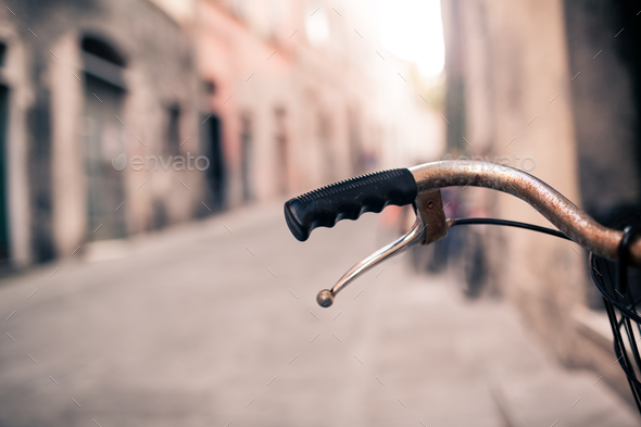 City bicycle handlebar, bike over blurred beautiful bokeh backgr - Stock Photo - Images