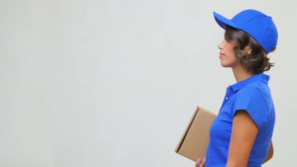 Happy Delivery Girl with Parcel Box in Blue alt