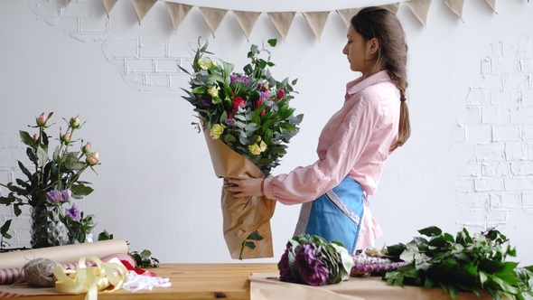 Florist Check Big Modern Bouquet of Different Flowers Before Sale