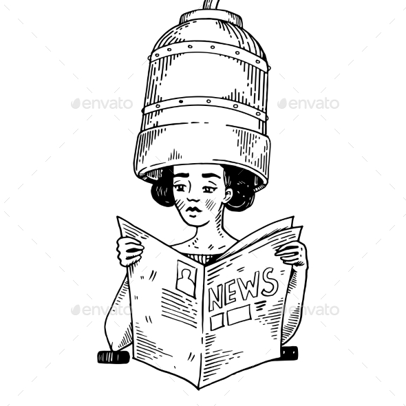 Woman with Hair Dryer Engraving Vector - People Characters