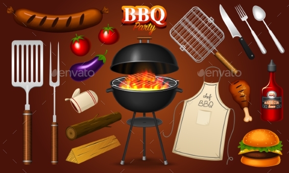Barbecue Grill Elements Set Isolated on Red - Food Objects