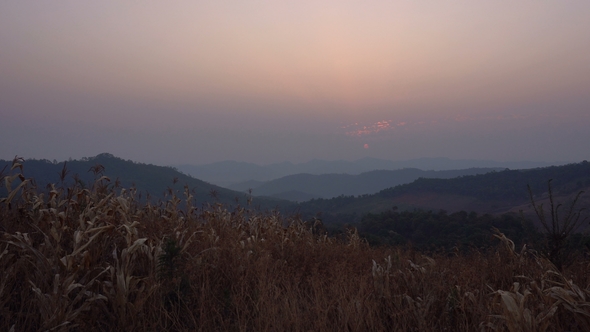 Sunrise Above Valley Behind Mountain in Thailand, Chiang Mai. Rural Landscape.