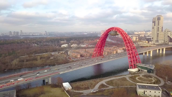 Cable Stayed Picturesque Bridge Over Moscow River and Car Traffic alt