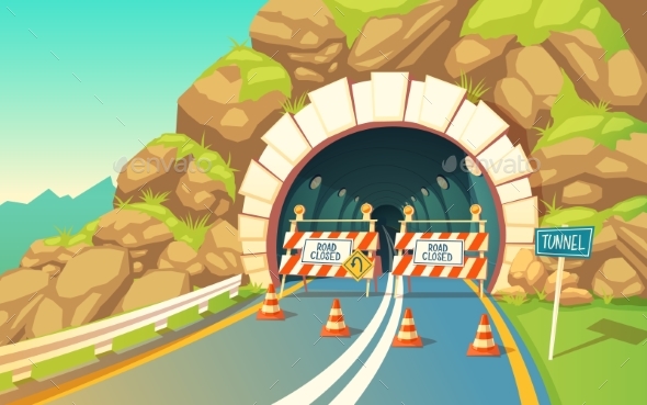Vector Background with Roadwork in Tunnel - Buildings Objects