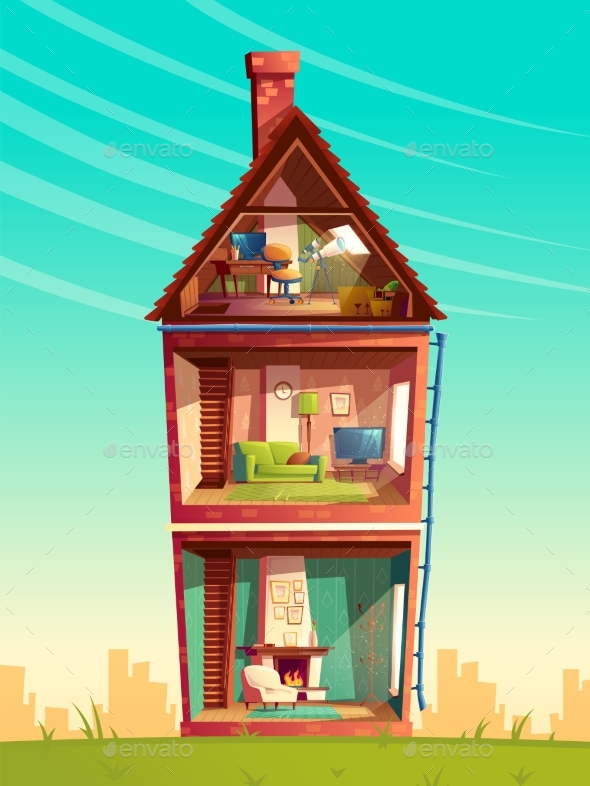 Vector Cartoon Multistory House Interior - Buildings Objects