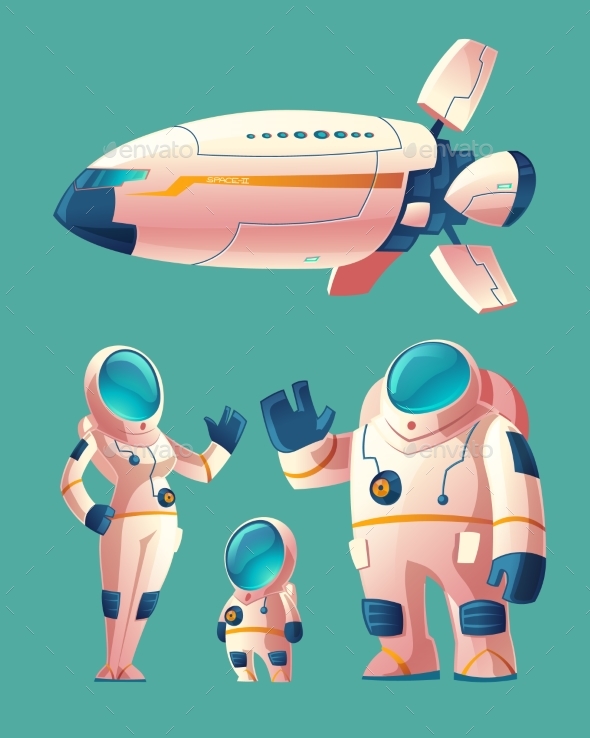 Vector Spaceman Family in Spacesuit with Spaceship - People Characters
