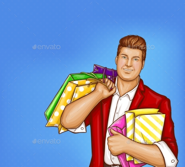 Vector Man with Shopping Bags in Pop Art Style - People Characters