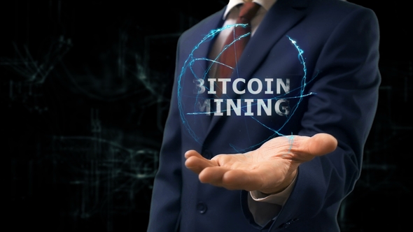 Businessman Shows Concept Hologram Bitcoin Mining on His Hand
