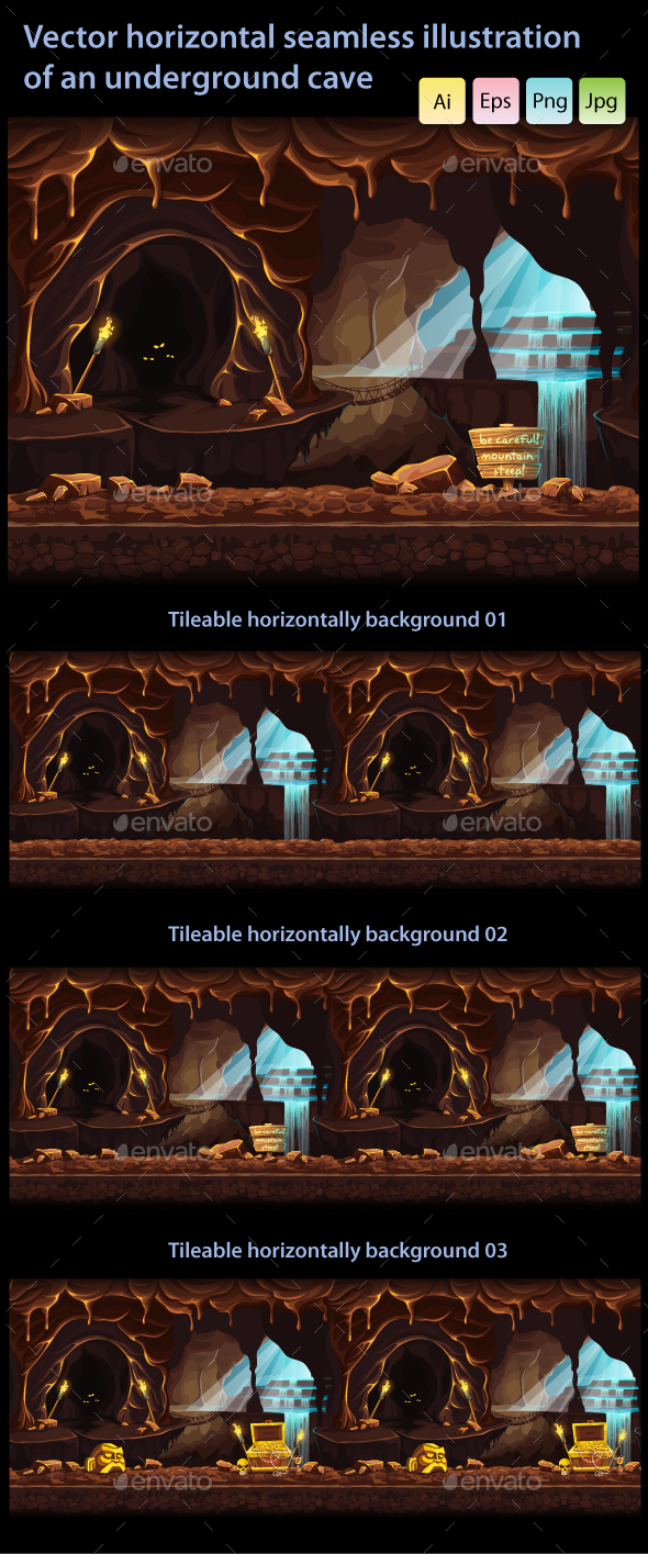Horizontal Seamless Underground Cave - Backgrounds Game Assets