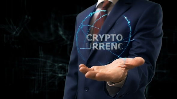 Businessman Shows Concept Hologram Cryptocurrency on His Hand