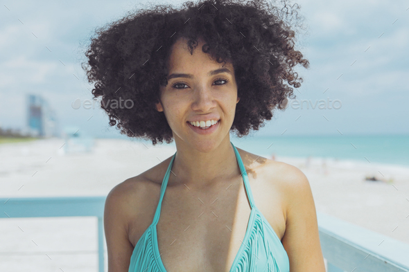 Cheerful Black Woman In Sunlight On Beach Stock Photo By Daniel Dash