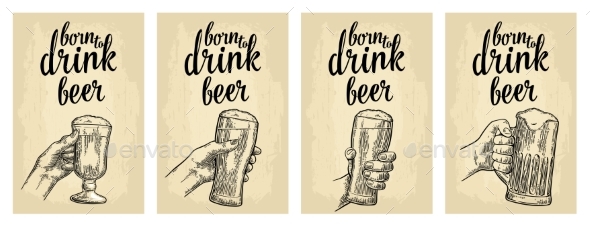 Male Hand Holding a Glass Beer Vintage Vector - Food Objects