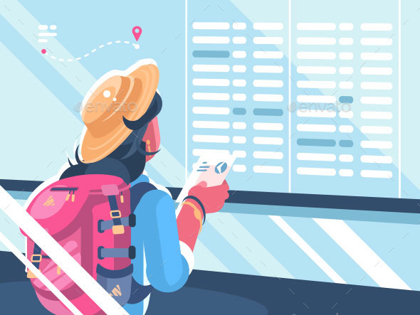 Girl Traveler Watch Schedule of Flights - People Characters