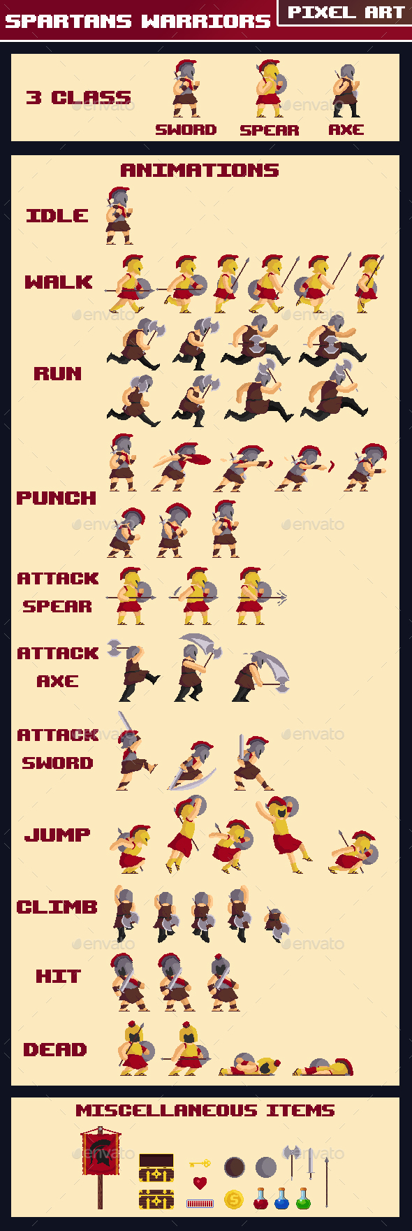 Spartans Warriors Pixel Art - Sprites Game Assets