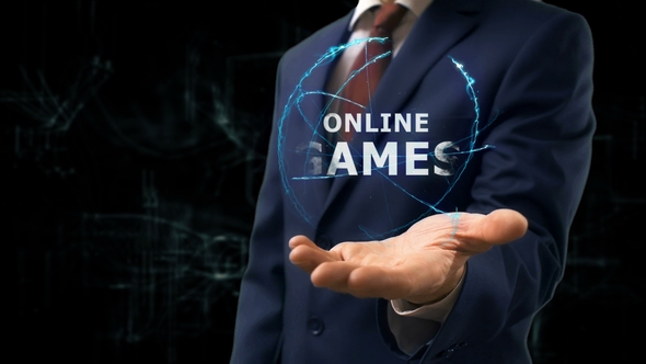 Businessman Shows Concept Hologram Online Games on His Hand