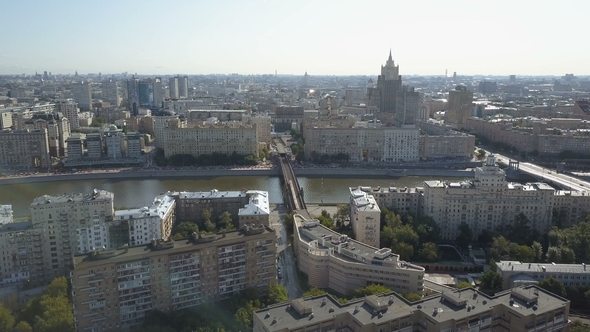Aerial Panorama of Moscow City. Hotel Ukraine in Moscow. Old Soviet Russia Stalin High alt