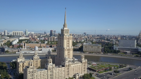 Aerial View of Hotel Ukraine in Moscow. Old Soviet Russia Stalin High-rise Skyscrapers in Heart of alt